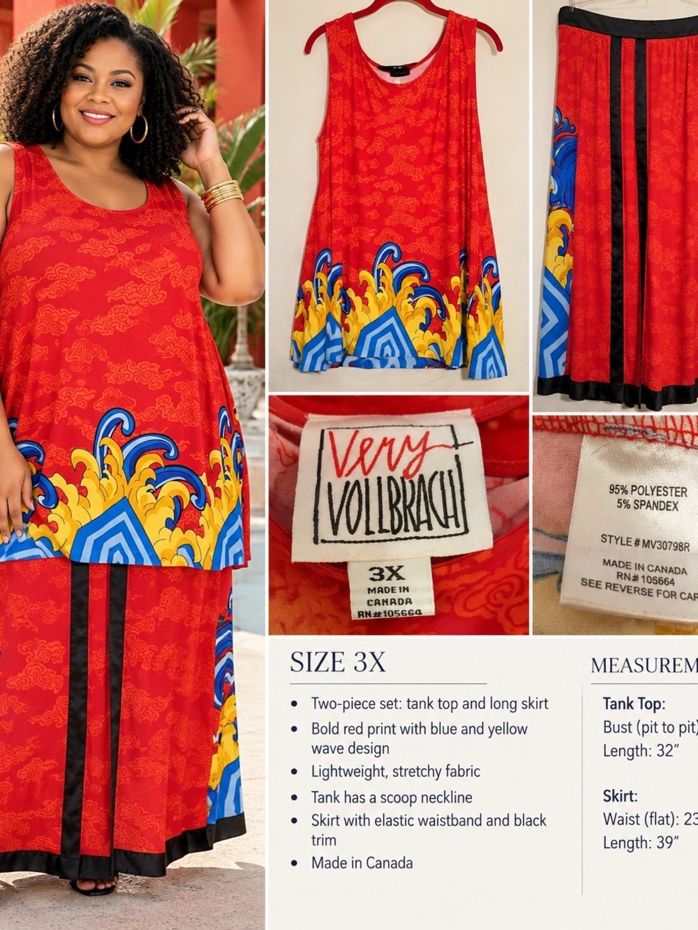Very Vollbracht 3X 2X Red Asian Print Tank Maxi Skirt 2 Piece Set